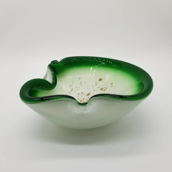 Art Glass Ash Tray Green White Gold Flecks - Picture 4 of 13